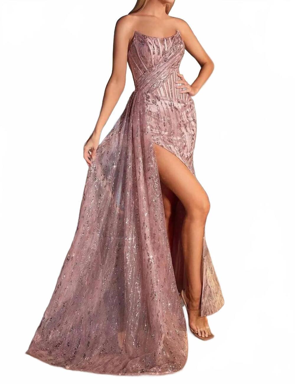 NEW CINDERELLA DIVINE fitted glitter print strapless slit gown in pink mauve